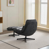 Dark grey leisure chair with matching footstool on swivel base in modern living room