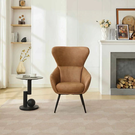 Chestnut accent chair with high back and black legs in modern living room setting