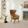 Chestnut accent chair with high back and black legs in modern living room setting