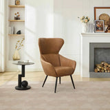 Chestnut accent chair with high back and black legs in modern living room setting