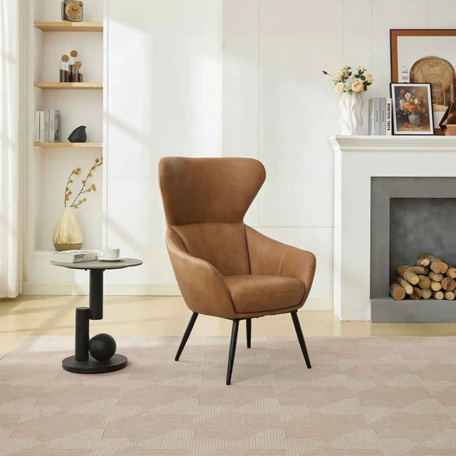 Chestnut accent chair with high back and black legs in modern living room setting