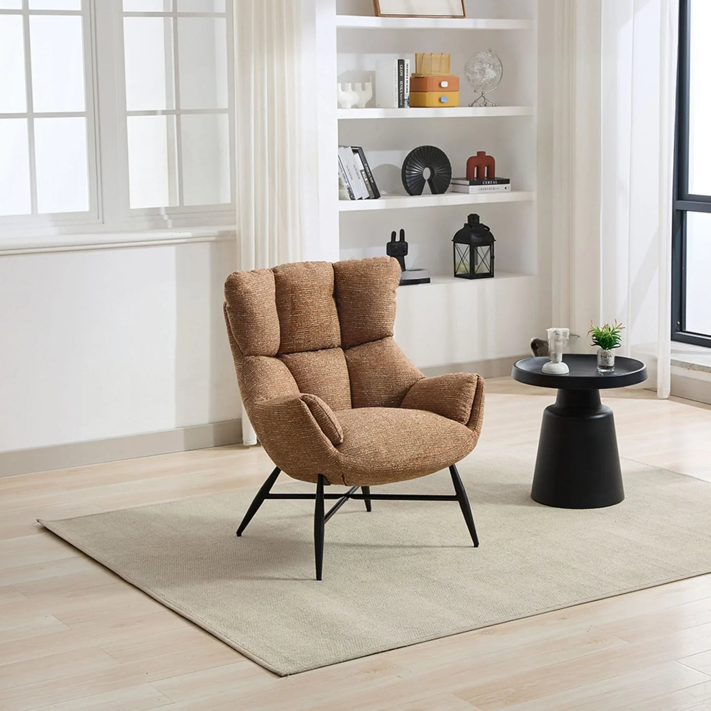 Rust accent chair with cushioned seat and black legs in a modern living room beside round table
