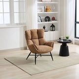 Rust accent chair with cushioned seat and black legs in a modern living room beside round table