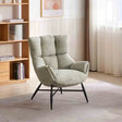 Green accent chair with padded upholstery and black metal legs in a modern living room