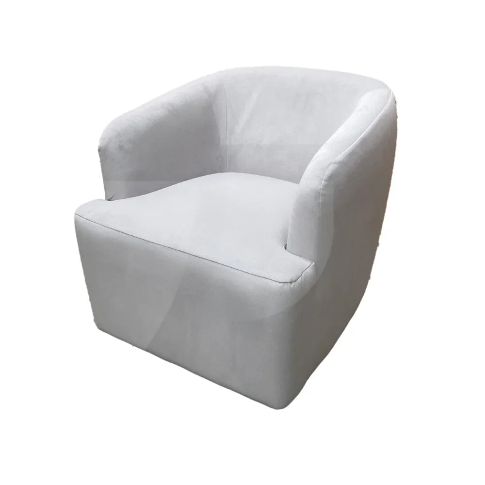 Stone fabric tub chair with curved back and integrated arms on white background