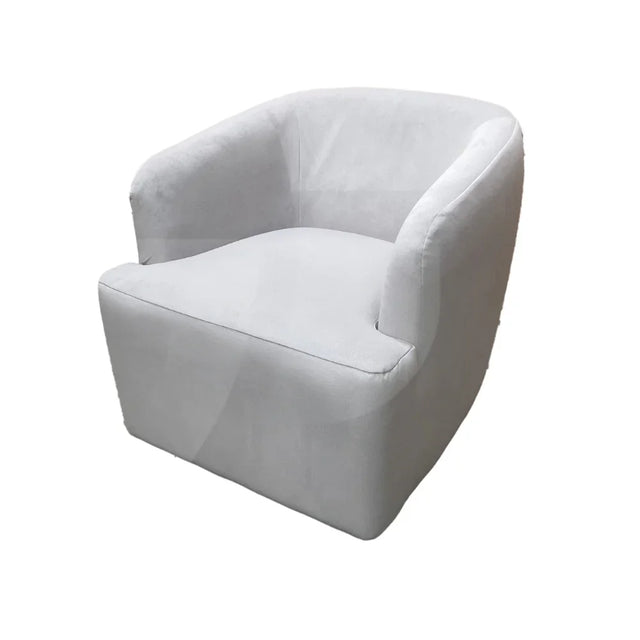 Stone fabric tub chair with curved back and integrated arms on white background