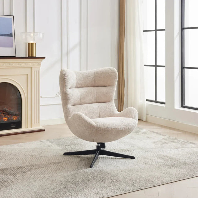 Linen swivel chair with black base in modern living room by fireplace and window