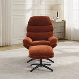 Rust fabric leisure chair with matching footstool and black base in living room