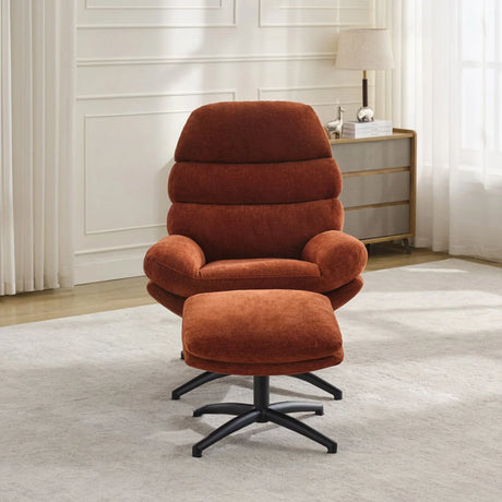 Rust fabric leisure chair with matching footstool and black base in living room