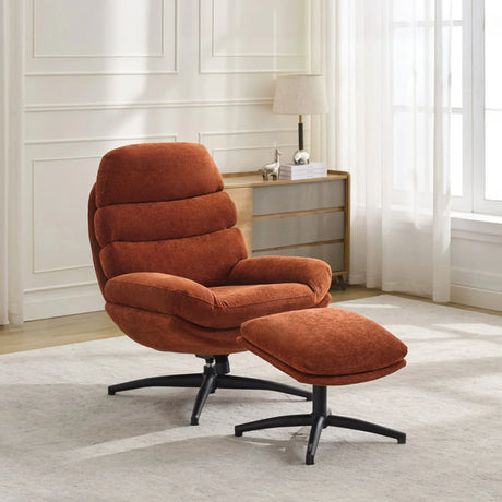 Rust fabric leisure chair with matching footstool and black legs in living room