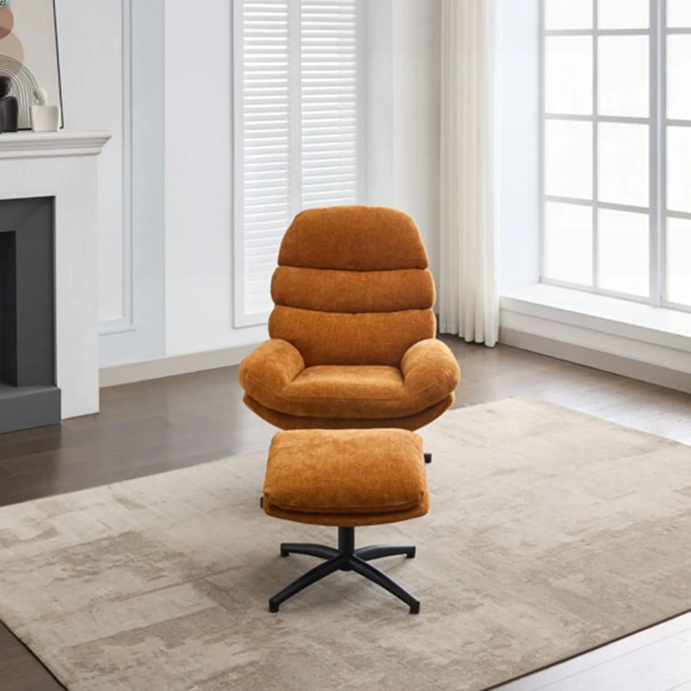 Gold leisure chair with matching footstool and black base on beige rug in modern living room