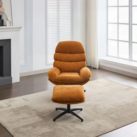 Gold leisure chair with matching footstool and black base on beige rug in modern living room