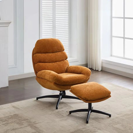 Gold leisure chair with matching footstool on black legs in bright modern living room