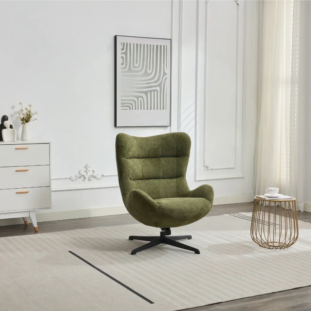 Jazz occasional swivel chair with black base in winter moss fabric in bright living room