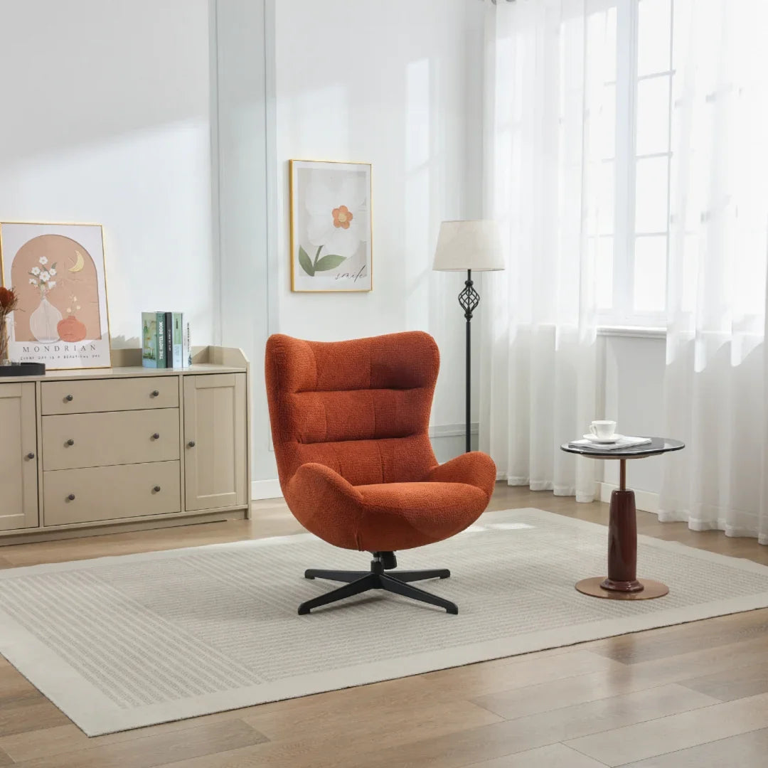 Deep terra jazz occasional swivel chair with black base in modern living room setting
