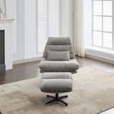 Grey leisure chair with matching footstool on beige rug in modern living room