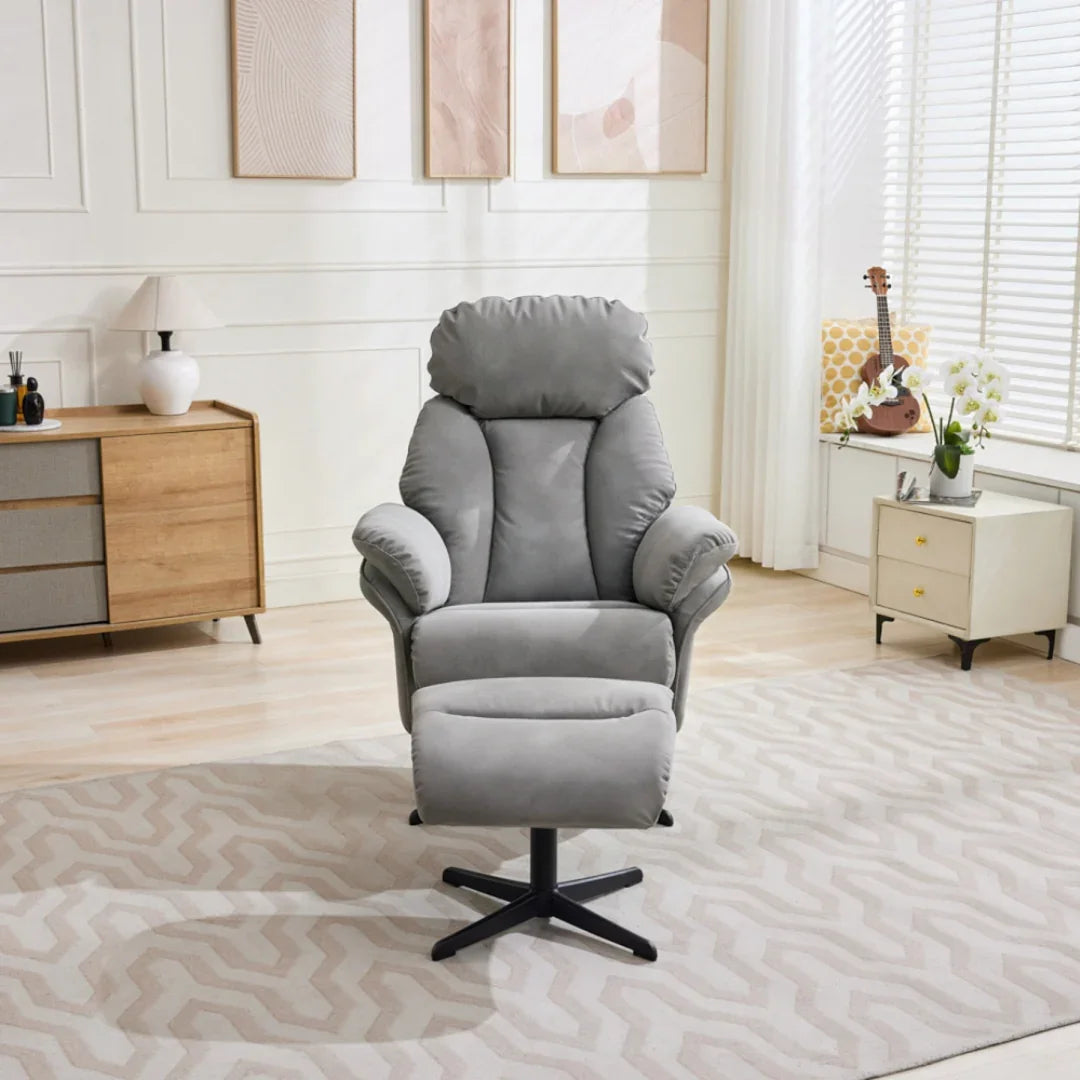 Light grey swivel leisure chair with footstool and black base in bright living room