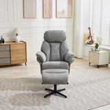 Light grey swivel leisure chair with footstool and black base in bright living room