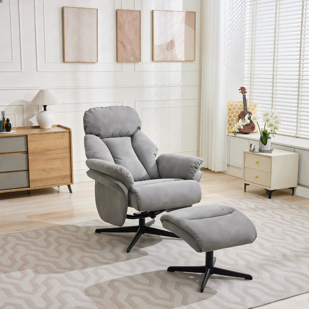 Light grey swivel leisure chair with matching footstool on black base in modern living room