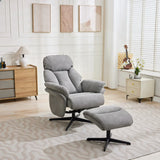Light grey swivel leisure chair with matching footstool on black base in modern living room