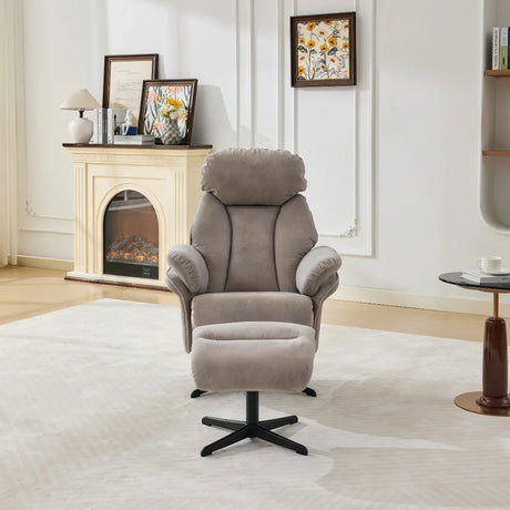 Sloane swivel leisure chair with footstool in oyster fabric and black base in living room
