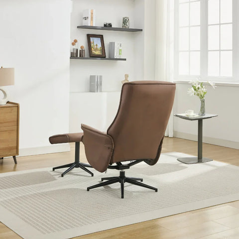 Brown swivel chair and matching footstool on cream rug in modern living room