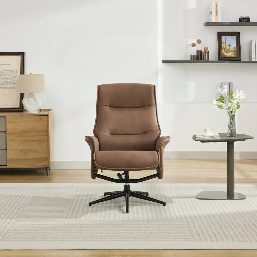 Brown swivel chair with cushioned seat on black base in modern living room setting