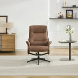 Brown swivel chair with cushioned seat on black base in modern living room setting