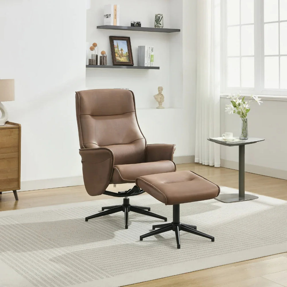 Brown swivel chair and matching footstool on beige rug in modern living room