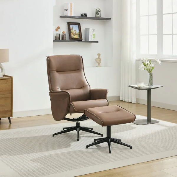 Brown swivel chair and matching footstool on beige rug in modern living room