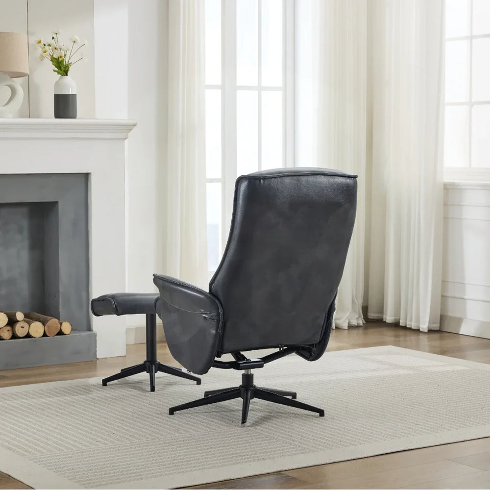Ocean blue swivel chair and matching footstool with metal base in bright living room