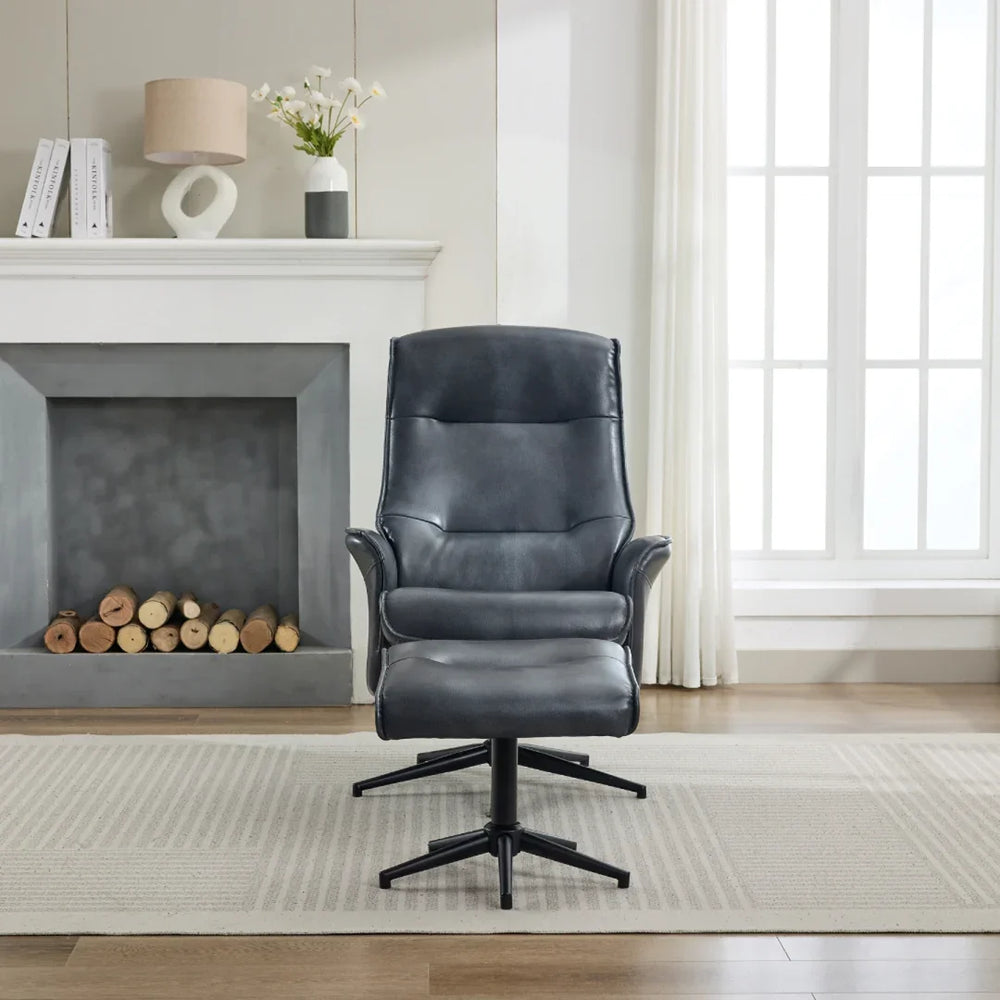 Ocean blue swivel chair with armrests and footstool on beige rug in living room