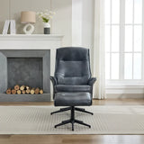 Ocean blue swivel chair with armrests and footstool on beige rug in living room