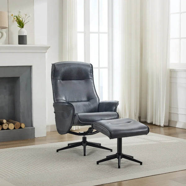 Ocean blue swivel chair with matching footstool on rug in bright living room
