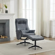 Ocean blue swivel chair with matching footstool on rug in bright living room