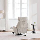 Beige swivel chair with footstool in modern living room, shown from rear angle