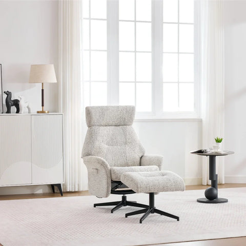 Beige swivel chair and matching footstool with metal base in bright living room setting