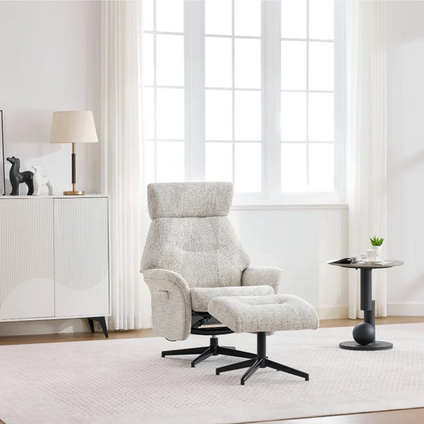 Beige swivel chair and matching footstool with metal base in bright living room setting