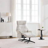 Beige swivel chair and matching footstool with metal base in bright living room setting