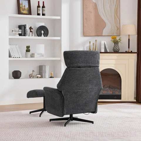Dark grey swivel chair and matching footstool on a pale rug in a modern living room