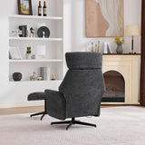 Dark grey swivel chair and matching footstool on a pale rug in a modern living room