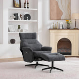 Dark grey swivel chair and matching footstool on light rug in modern living room