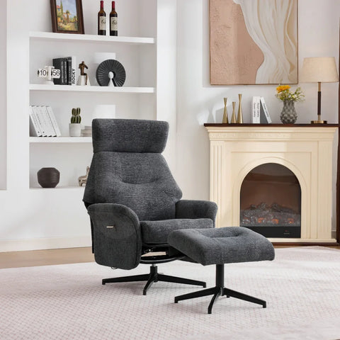 Dark grey swivel chair and matching footstool on modern living room rug