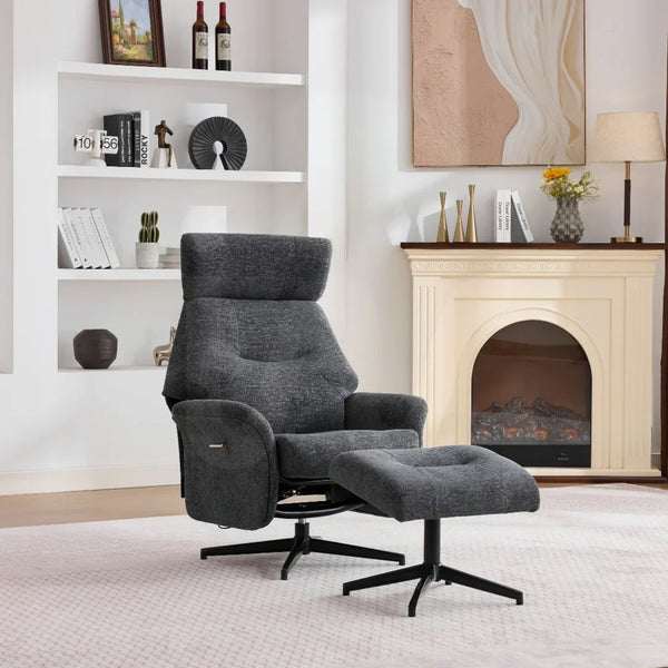 Dark grey swivel chair and matching footstool on modern living room rug