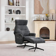 Dark grey swivel chair and matching footstool on modern living room rug