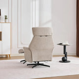 Mira swivel chair in oatmeal fabric on black base in modern living room, rear view