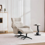 Oatmeal swivel chair and matching footstool with black metal legs in modern living room