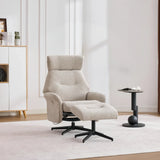 Oatmeal swivel chair and matching footstool with black metal base in modern living room
