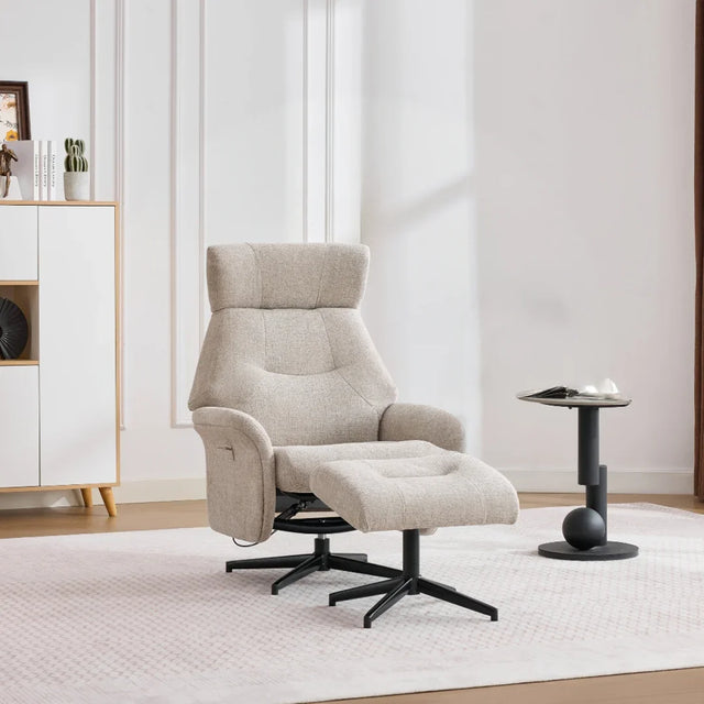 Oatmeal swivel chair and matching footstool with black metal base in modern living room