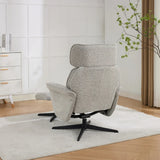 Pearl grey swivel leisure chair with footstool and black base on light rug